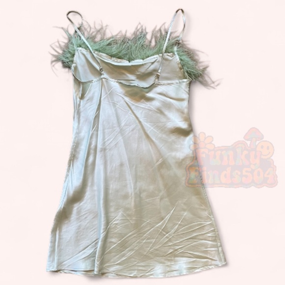 Sleeper Boheme Mint Green Ostrich Feather Trim Satin Mini Slip Dress Size S - Picture 5 of 11